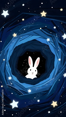 A small white rabbit peers from a swirling star-filled tunnel, symbolizing curiosity and cosmic wonder.