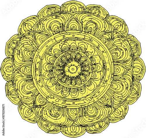 Ornate gold mandala vector illustration featuring a seamless floral lace pattern and vintage oriental round ornament for decorative wallpaper design