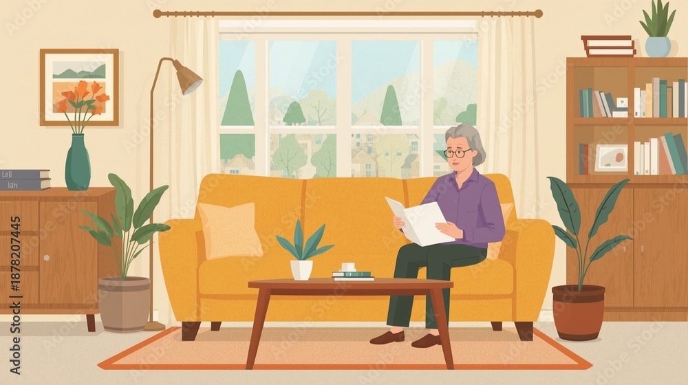 Fototapeta premium Elderly woman relaxing on a yellow couch reading a book in a cozy living room