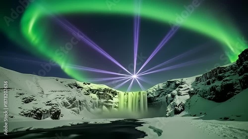 Spectacular Aurora Borealis and Laser Show Over Skogafoss Waterfall in Winter Wonderland.