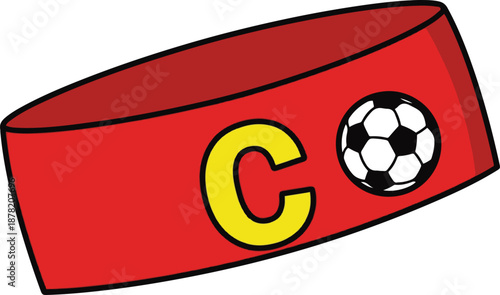 Vector illustration of a red soccer captain's armband featuring a large yellow letter "C" and a classic football icon in a flat design style.