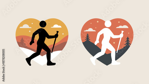 Nordic Walking Heart Icon, Outdoor Hiking Scene, Mountain Landscape