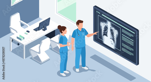 Medical team analyzing lung X-ray on large screen, healthcare diagnosis