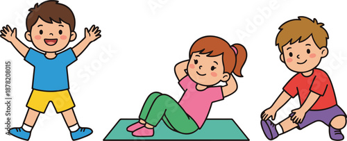 Vector illustration of three happy children performing physical exercises, featuring a boy doing jumping jacks, a girl doing sit-ups on a mat, and a boy stretching his leg.