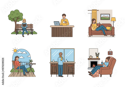 Relaxed people enjoying leisure time, working, reading, and drinking warm beverages