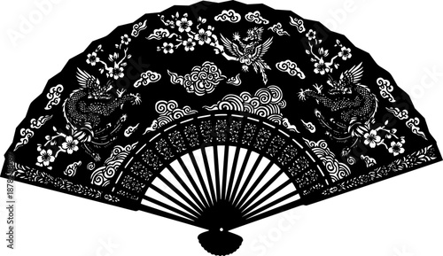 Elegant black Chinese silhouette fan element, traditional ornate, isolated
