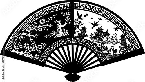 Elegant black Chinese silhouette fan element, traditional ornate, isolated

