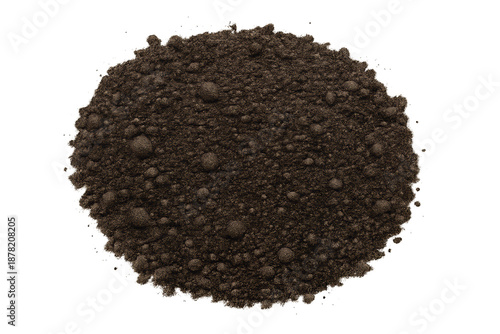 Heap of dark granular garden soil on a transparent background, showing crumbly texture and organic particles