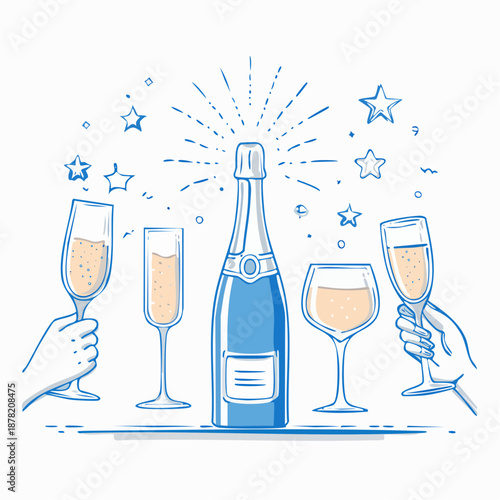 Festive illustration featuring an elegant Champagne Bottle ready to pop, surrounded by sparkling flutes and hands raising a joyous toast