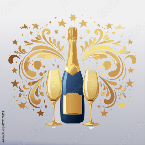 Elegant Champagne Bottle and two sparkling flutes surrounded by golden decorative swirls and stars, perfect for festive celebrations