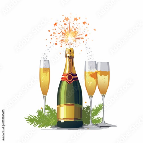 Festive Champagne Bottle explosion with sparkling stars, surrounded by elegant flutes, perfect for New Year and holiday celebrations