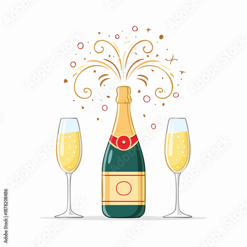 Vibrant Celebration with a Popping Champagne Bottle and Sparkling Flutes for Festive Occasions