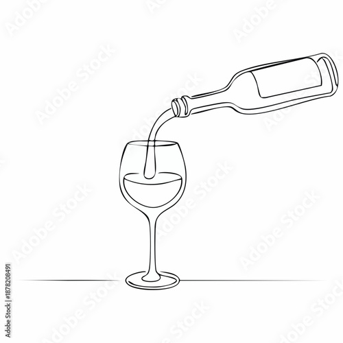 Continuous Line Art Illustrating a Champagne Bottle Gracefully Pouring a Sparkling Beverage into a Crystal Glass for Celebrations