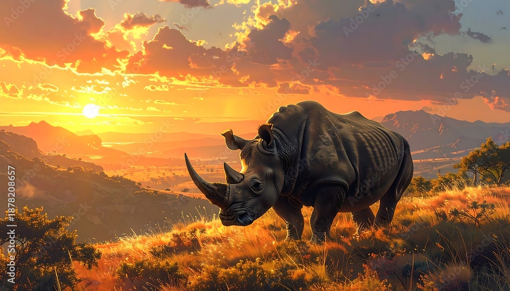 Fototapeta premium A large rhinoceros walks across a grassy hillside as the sun sets, casting golden light on the landscape with a vibrant sky