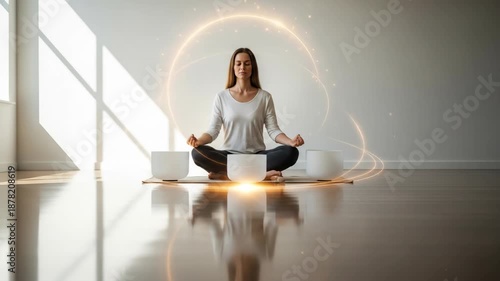 Woman Meditating with Crystal Singing Bowls for Sound Healing Therapy.