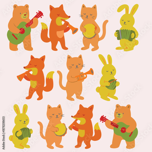 Animal Band Happy Jazz Music Cute Fun Baby Child Concert Design Bear Fox Rabbit Instruments Vector Print Design