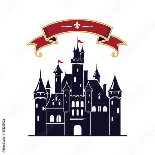 A medieval-style castle silhouette with a red banner