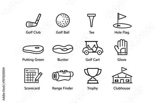 Golf equipment icons: club, ball, tee, and more essentials for enthusiasts