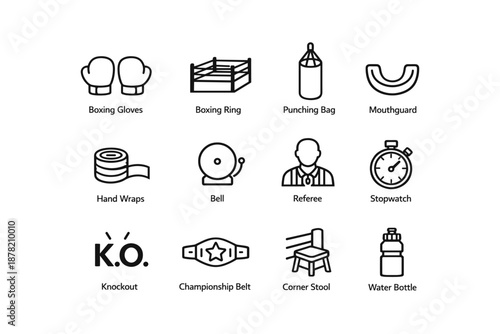 Boxing equipment icons including gloves, ring, punching bag, mouthguard, stopwatch, championship belt