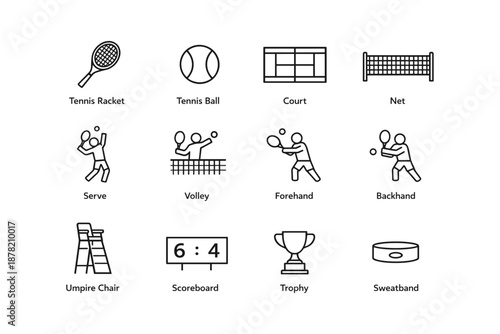 Tennis icons: equipment, actions, and court elements illustrated