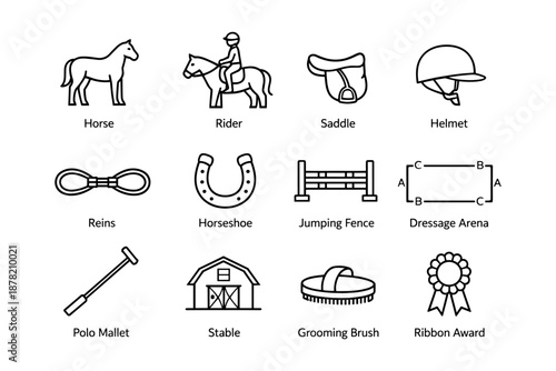 Horse riding elements: rider, saddle, helmet, and arena symbols