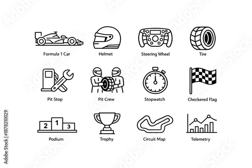 Motorsport icons: formula 1 car, helmet, steering wheel, tire, pit stop tools, stopwatch, checkered flag, podium, trophy, circuit map, telemetry