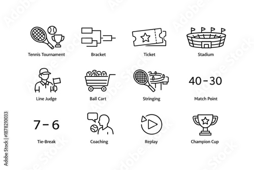 Tennis tournament icons: line judge, match point, champion cup, coaching