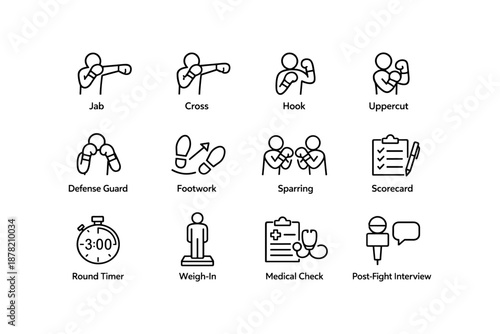 Boxing icon set: techniques, training, and equipment symbols