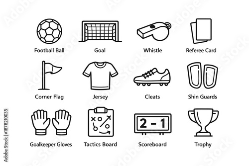 Soccer equipment icons: ball, goal, whistle, referee card, cleats, trophy