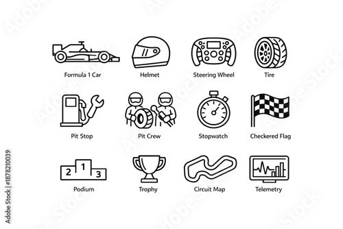 Motorsport icons: formula 1 car, helmet, steering wheel, tire, pit crew, checkered flag, trophy, circuit map