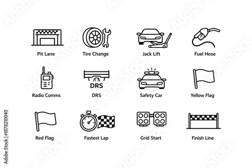 Black and white icons of racing symbols pit lane safety cars flags
