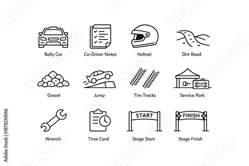 Rally car icons: helmet, notes, gravel, jump, wrench, start-finish line