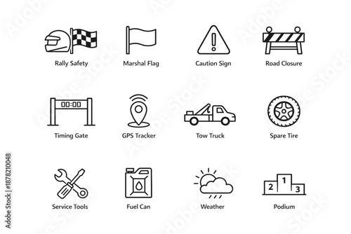 Racing safety and equipment icons: flags, caution signs, gps, tow, spare tire