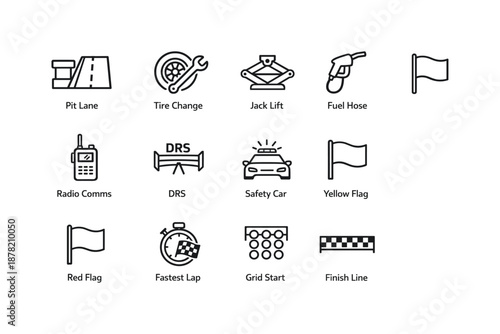 Race car icons: pit lane, tire change, safety car, flags, finish line