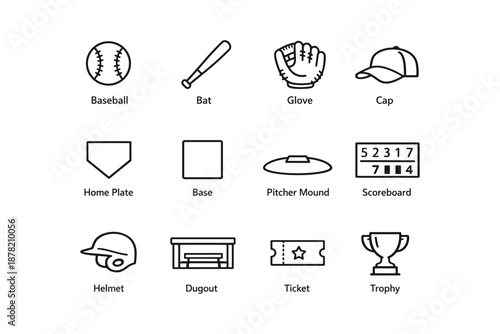 Baseball icons: bat, glove, cap, ball, and more classic sports elements