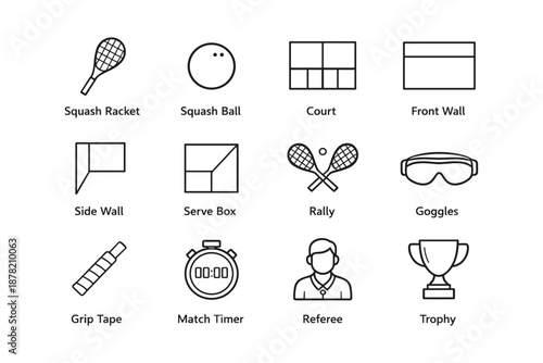 Squash equipment icons: racket, ball, court, and more
