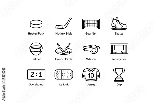 Hockey equipment line icons set: puck, stick, goal net, skates, and more