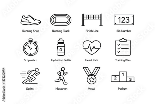 Running icons: shoes, track, stopwatch, heart rate, marathon, medal, podium