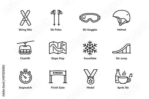 Ski equipment and symbols: skis, poles, goggles, helmet, map, snowflake, ski jump, stopwatch, finish gate, medal, après ski