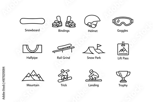 Winter sports icons: snowboard gear and park elements illustrated