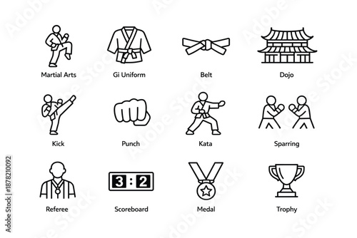 Martial arts icons: gi, belt, dojo, kick, punch, kata, sparring, referee