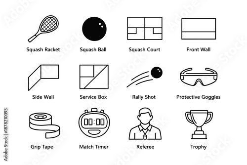 Squash equipment and court elements icons for sport enthusiasts