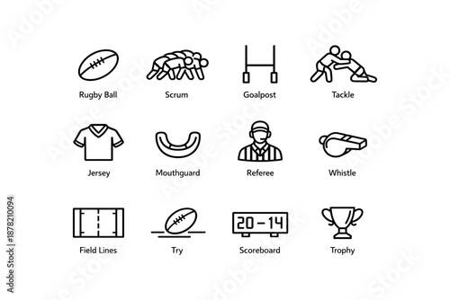 Rugby icons set featuring ball, scrum, goalpost, tackle, jersey, and scoreboard