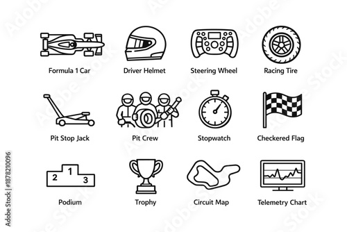 Formula 1 racing elements: car, helmet, steering, tire, pit crew, stopwatch