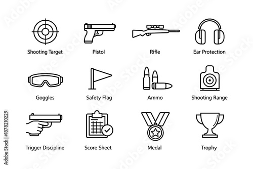 Shooting gear and safety equipment icons: target, pistol, rifle, protection