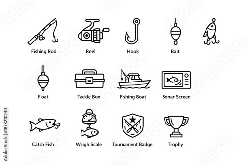 Fishing gear icons: rod, reel, hook, bait, boat, trophy