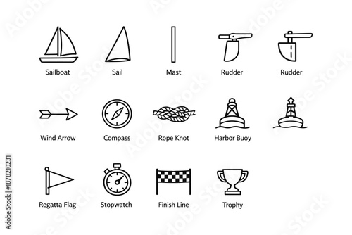 Nautical symbols: sailboat, compass, rope knot, trophy icon set
