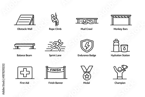Obstacle race icons: wall, rope, mud, monkey bars, balance beam, sprint, endurance, hydration, first aid, finish, medal, champion