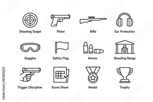 Shooting equipment icons: target, pistol, rifle, safety gear, range accessories