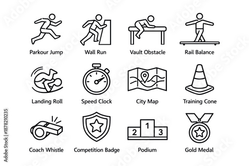 Set of parkour and training icons: jump, run, obstacle, balance, roll, stopwatch, map, cone, whistle, badge, podium, medal